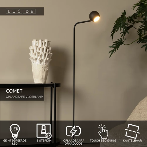 Lucide COMET - Oplaadbare Vloerlamp - Accu/Batterij - LED 3 StepDim - 1x3W 2700K - Zwart - USP